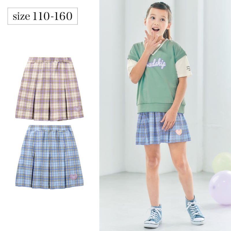 日本 Papel lapiz - 愛心徽章格紋百摺短裙-水藍