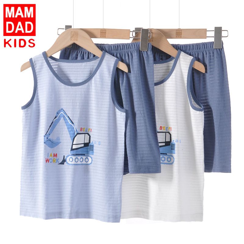 MAMDADKIDS - 竹節棉無袖套裝/家居服-挖掘機-白色