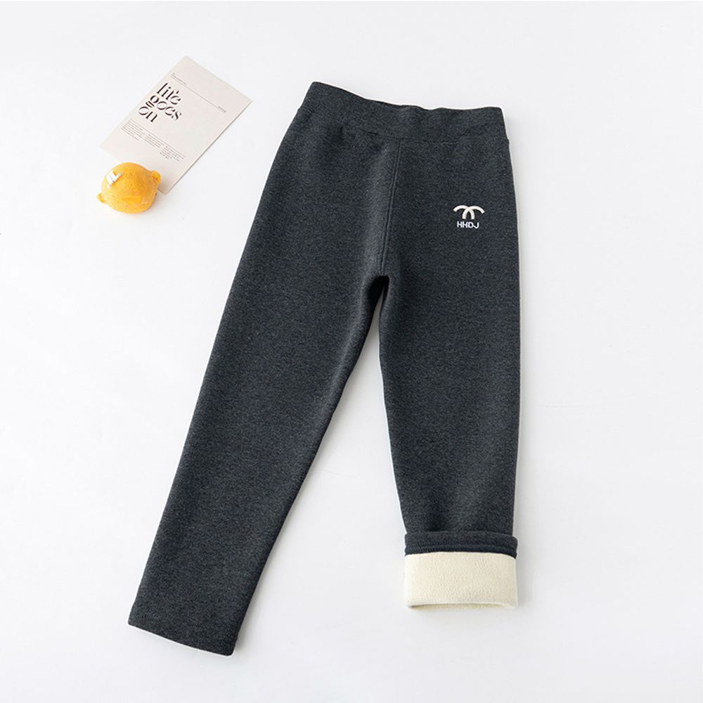 加絨腰鬆緊保暖內搭褲-簡約刺繡-深灰