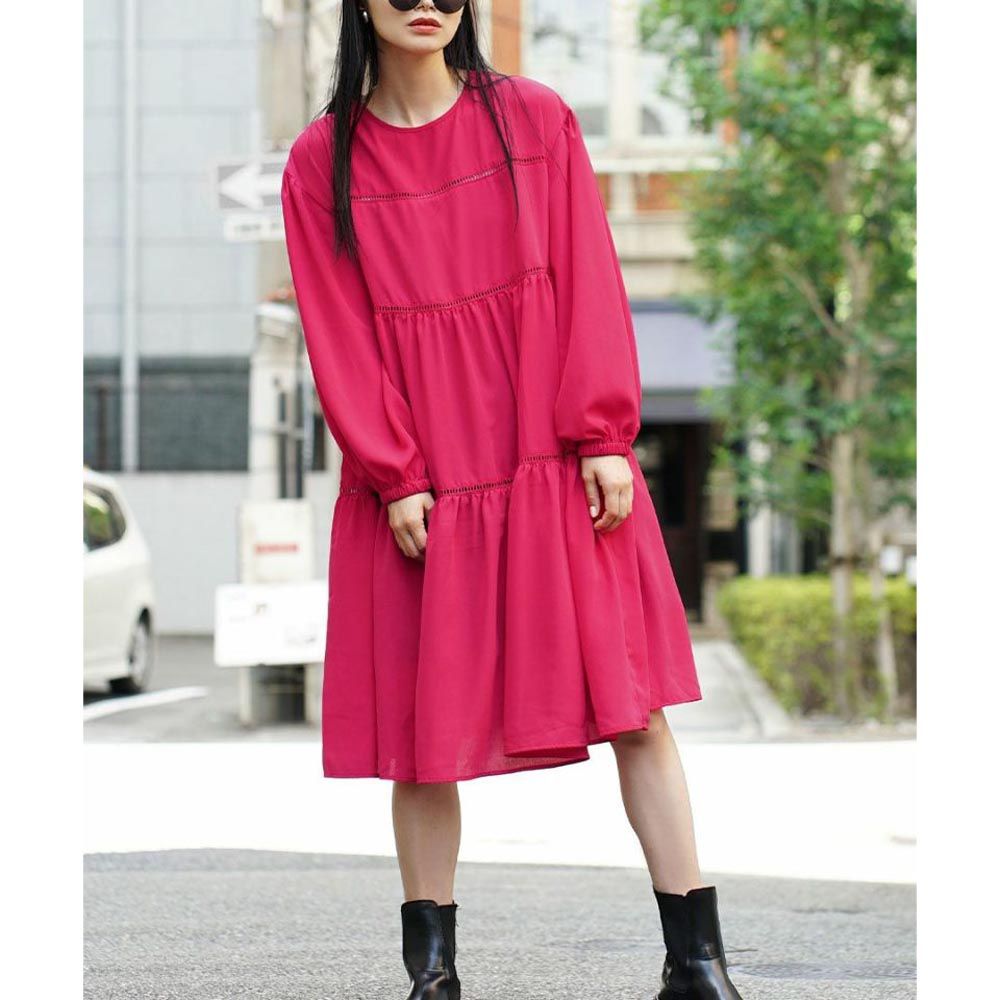 日本 zootie - 優美層次皺縮圓領洋裝-桃紅