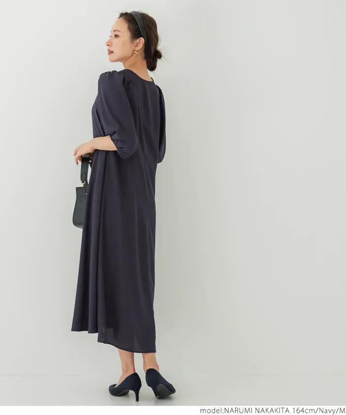 日本 COCA - 顯瘦V領收腰五分袖洋裝-米杏