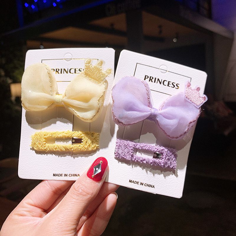 蕾絲皇冠布藝兒童髮夾2入組-黃色