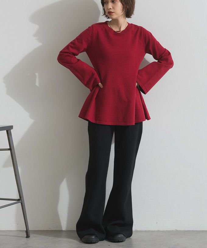 日本 ELENCARE DUE - 成熟傘擺腰線針織長袖上衣-黑