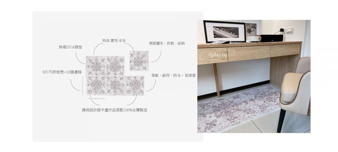 Playzu - 歐美設計地墊-夜曲之影-波斯花系列巧拼-紫色 (62x62x1.2公分)-6片(附贈邊條12條)