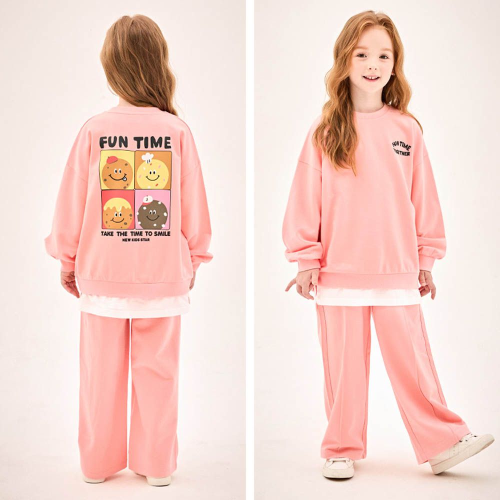 可口甜甜圈圖案純棉長袖套裝-粉