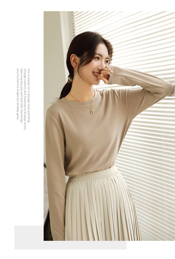 圓領寬鬆素色長袖上衣-紫色 (F)