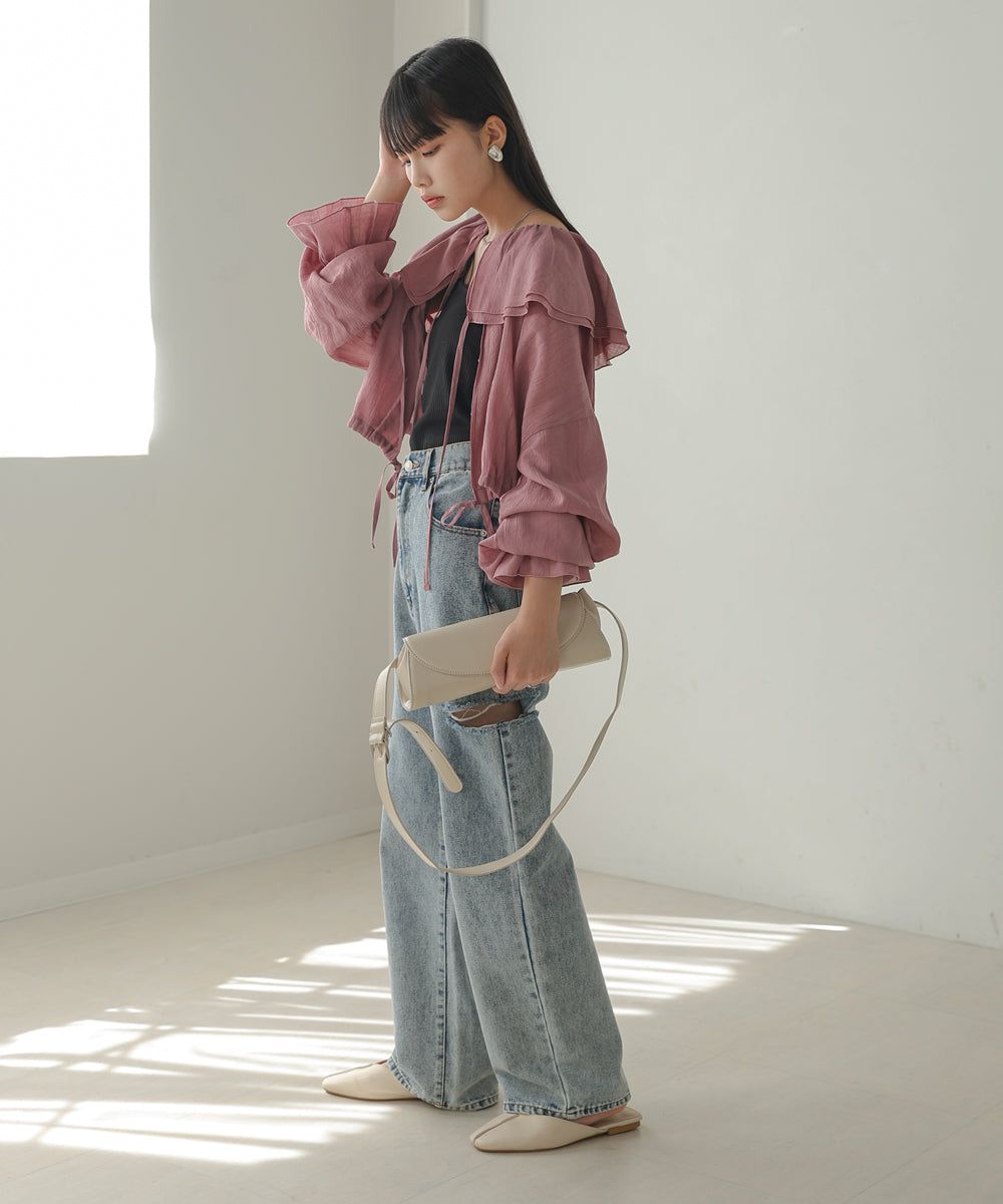 日本 Bab - 浪漫荷葉層次糖果袖襯衫-淺灰