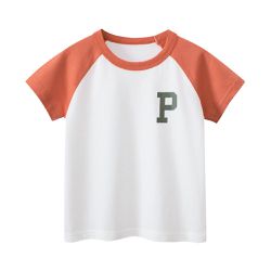 27KIDS - 純棉短袖上衣-P字拼袖-米白+橘色