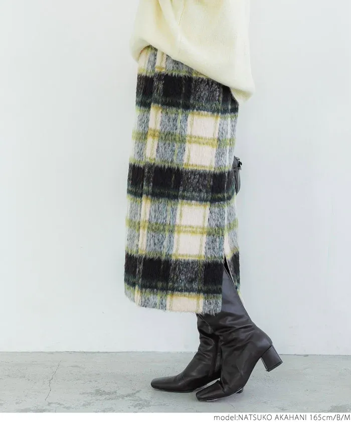 日本 COCA - 慵懶毛呢格紋鬆緊長裙-綠米