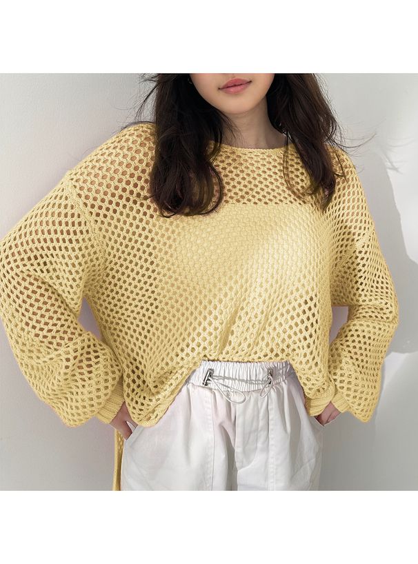 日本 GRL - 時尚鉤針洞洞罩衫/上衣-黃 (F)