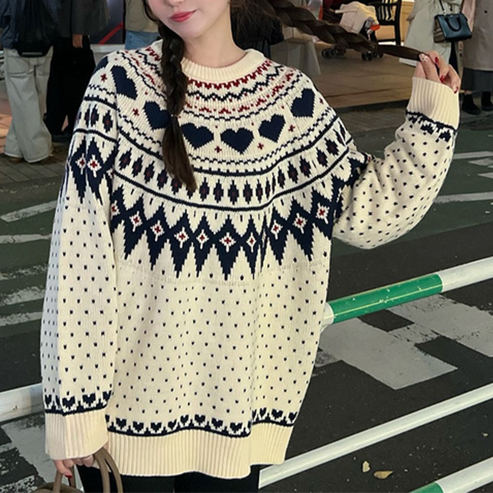 甜美愛心幾何印花寬鬆感毛衣-象牙白 (F)