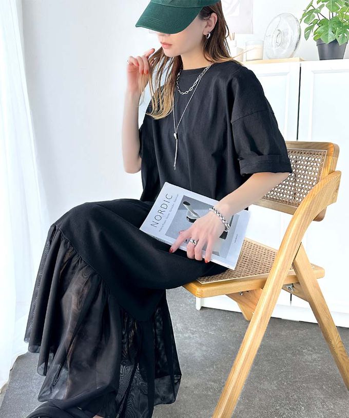 日本 Classical Elf - 飄逸下擺薄紗休閒短袖洋裝-炭灰