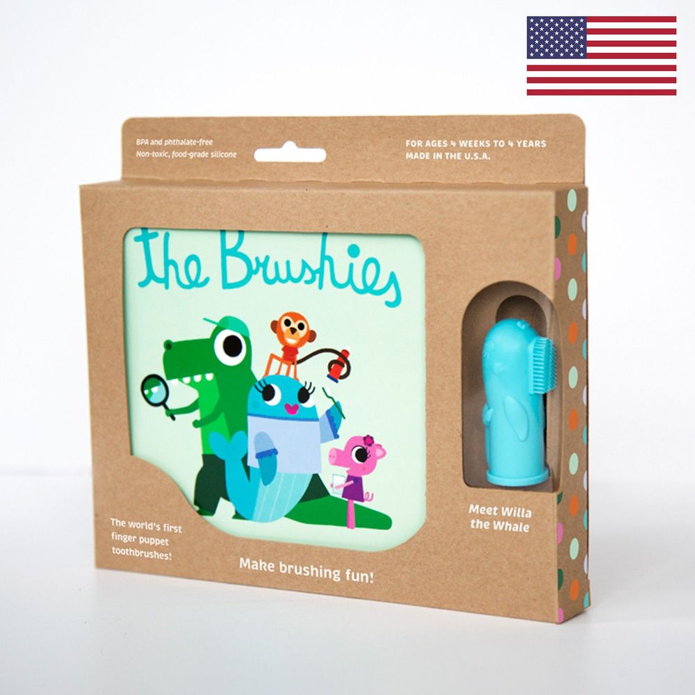美國 The Brushies - 手指玩偶造型牙刷套組-鯨魚薇拉-1本英文童書+1支角色手指牙刷