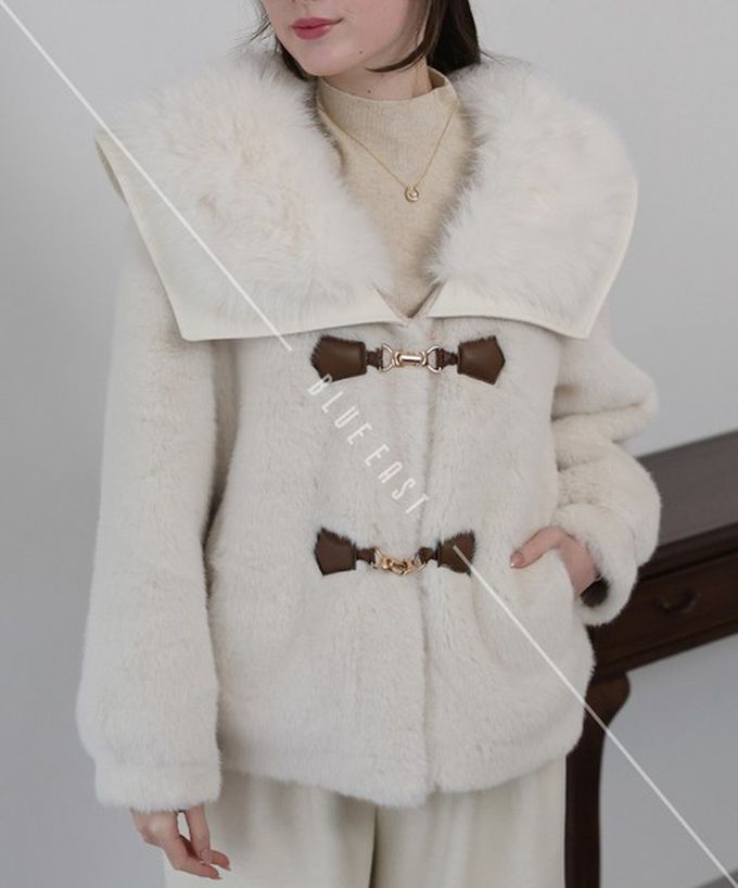 日本 BLUE EAST - 華麗注目皮草感大翻領金扣外套-咖啡