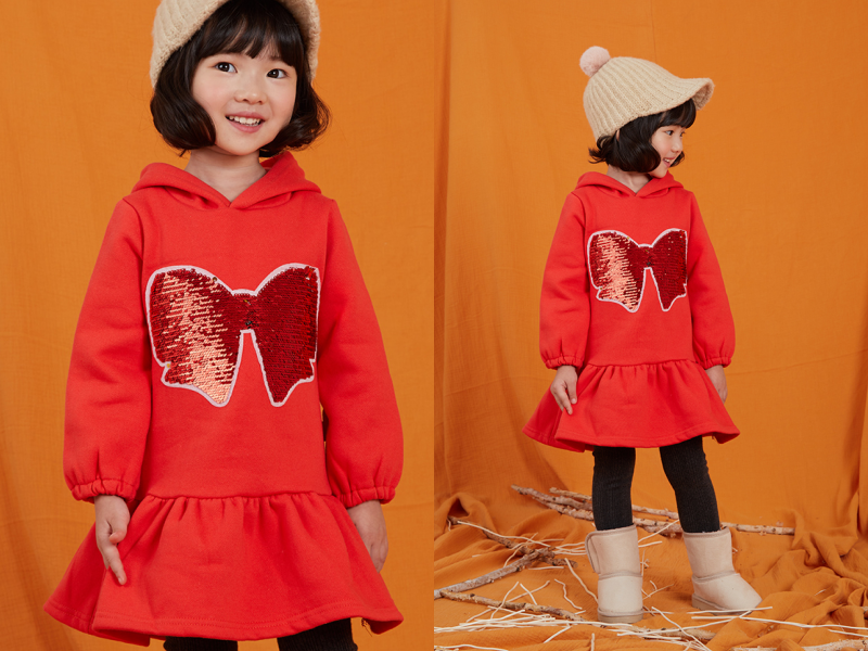 韓國 OZKIZ - (內磨毛)閃亮變色洋裝-蝴蝶結-紅