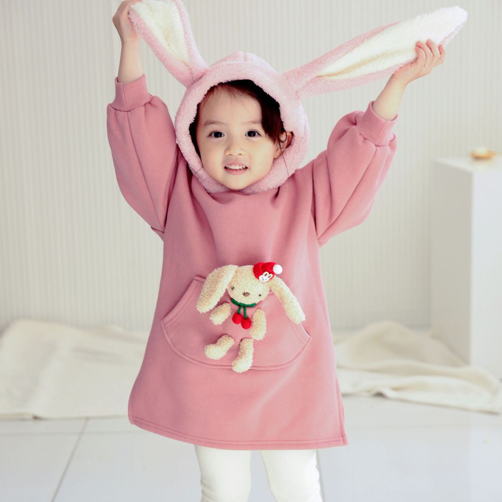韓國 Coco rabbit - (裏起毛)兔子娃娃縮腰連帽洋裝-玫瑰粉