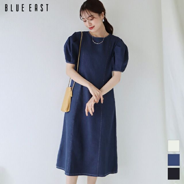 日本 BLUE EAST - 丹寧風顯瘦剪裁泡泡短袖洋裝-白