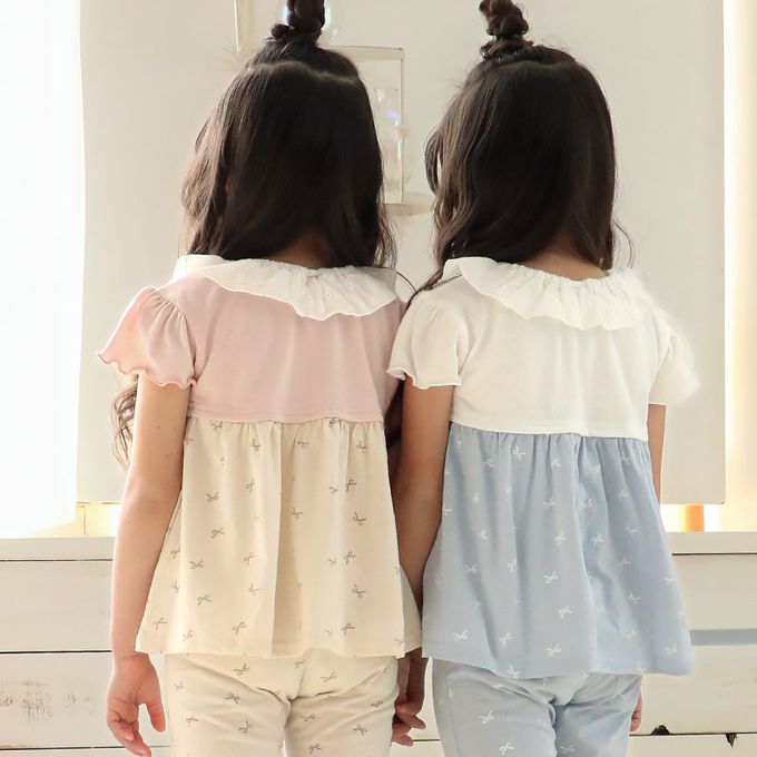 日本 ZOOLAND - 貝殼蕾絲領緹花短袖上衣-蝴蝶結印花-粉紅