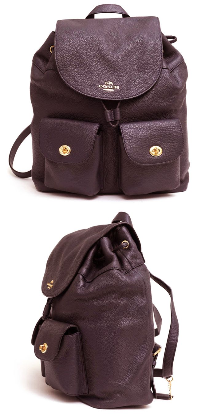 COACH - 素面皮革前口袋後背包 (酒紅)