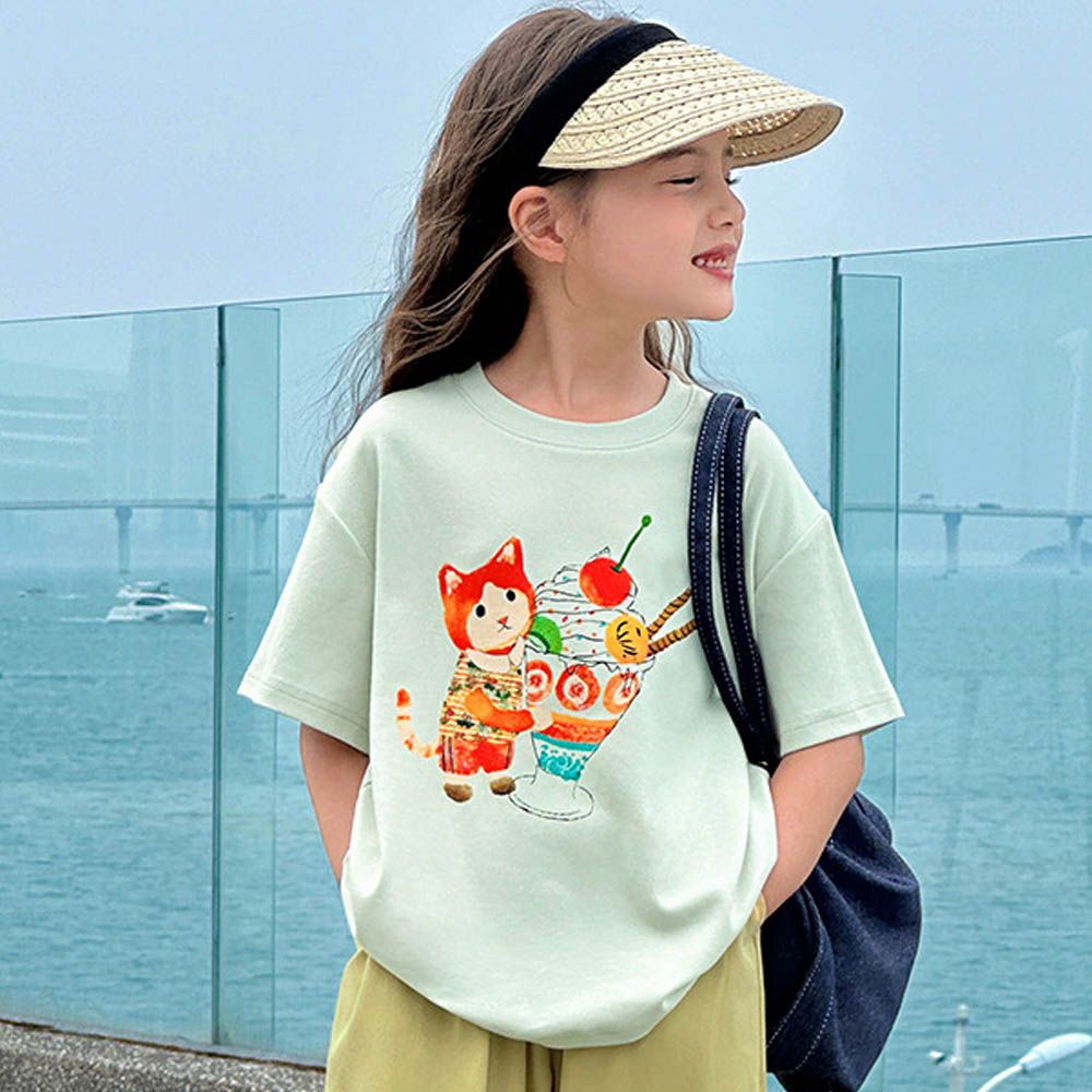 休閒圓領落肩短袖上衣/T恤-童趣萌繪-淺綠色