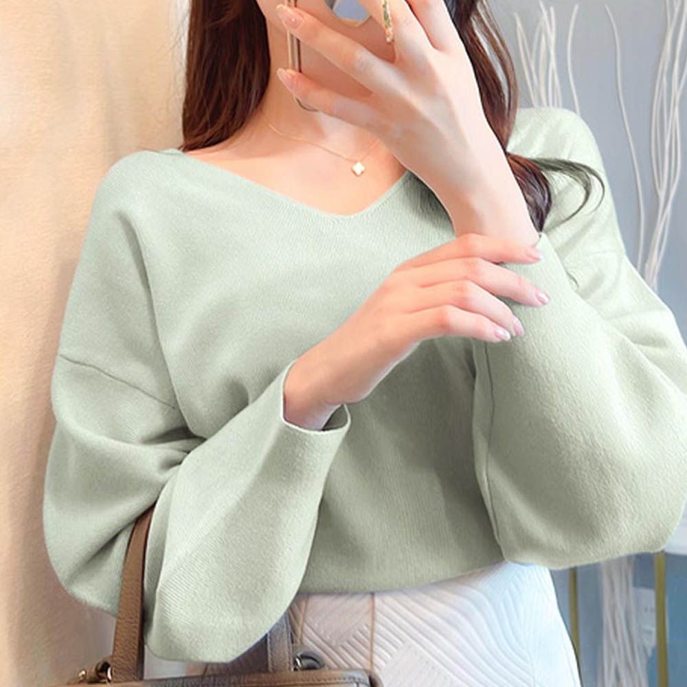 顯瘦V領簡約針織長袖上衣-淺綠 (F)