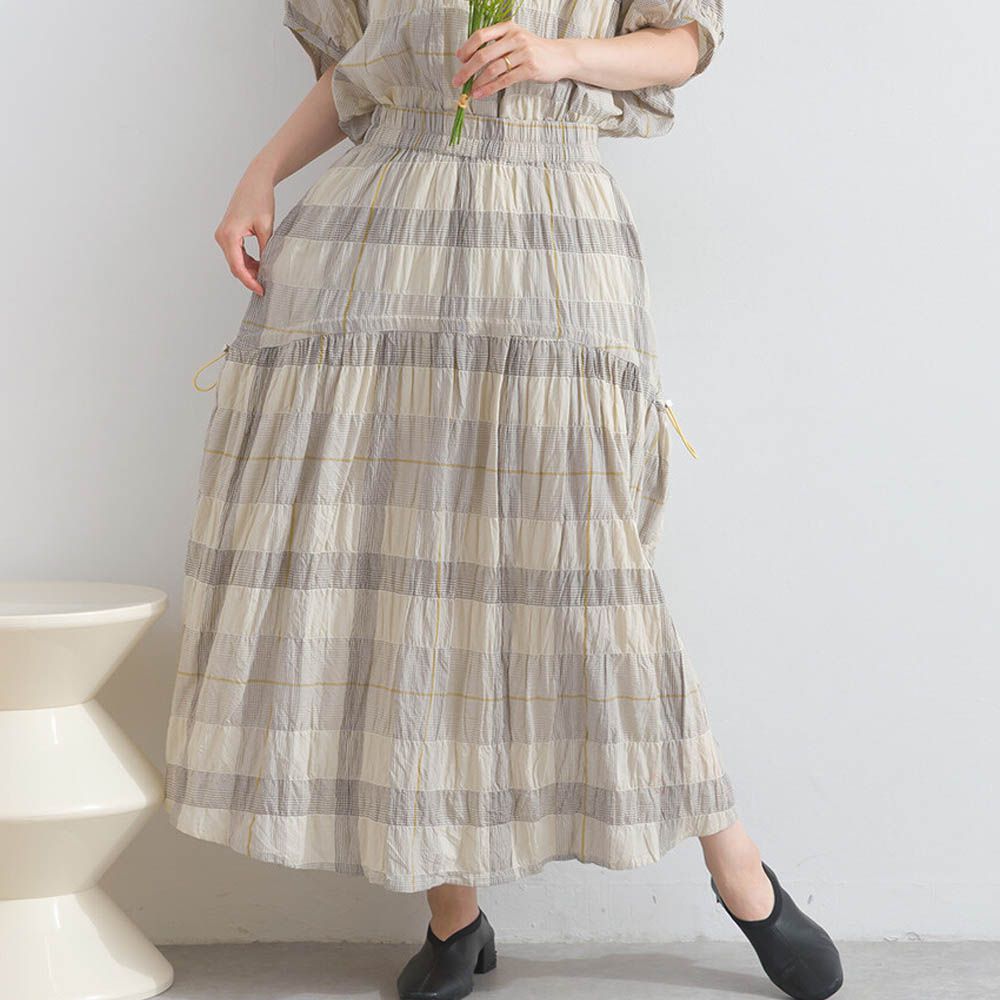 印度棉 皺皺文青格紋側抽繩長裙-米杏