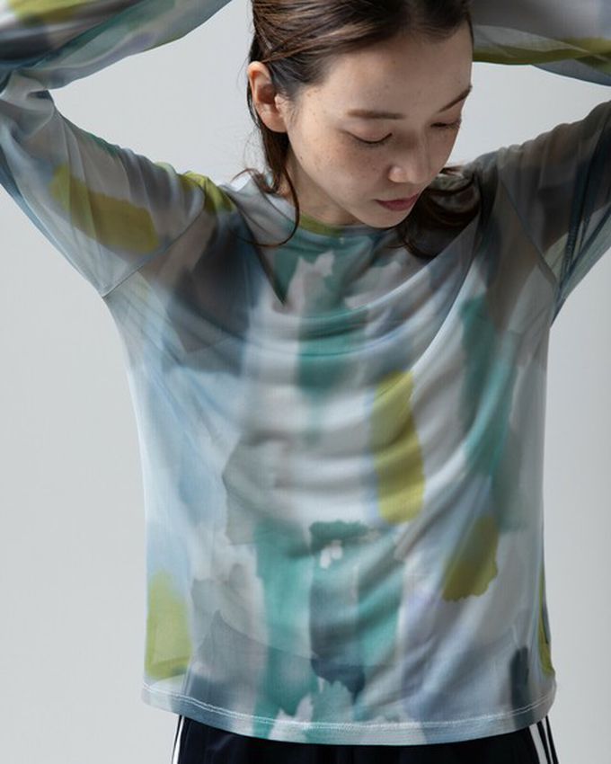 日本 gleam - 水彩畫風透膚休閒長袖上衣-米杏x卡其灰系