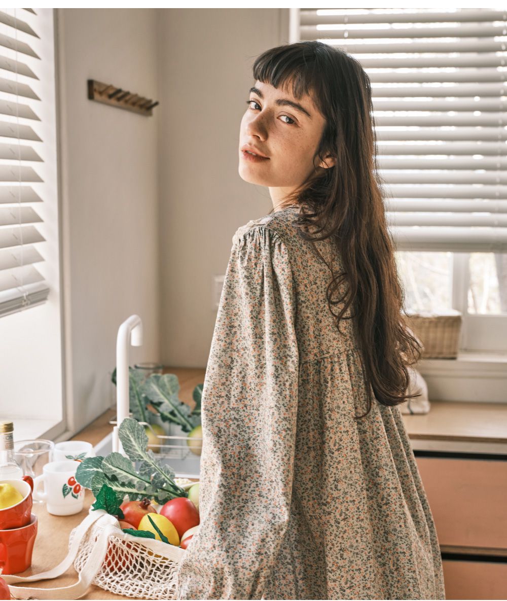 韓國 ULLALA - 浪漫碎花純棉長袖睡衣-(洋裝式)-薄荷綠 (FREE)