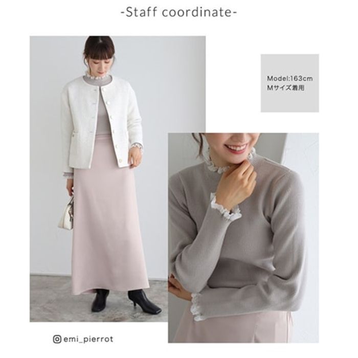 日本 BELLUNA - 氣質蕾絲拼接羅紋針織上衣-條紋x白