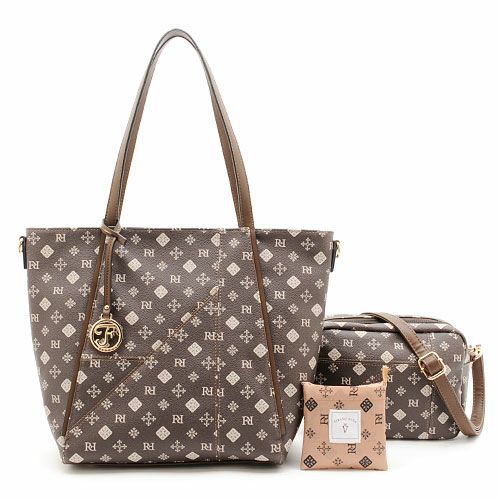 日本 FIRANO - [雜誌揭載]經典花紋仿皮托特包+側背包2件組-附摺疊購物袋-米白 (30x40x14cm)