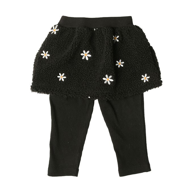 akachan honpo - 10分裙褲-刷毛 刺繡-黑色