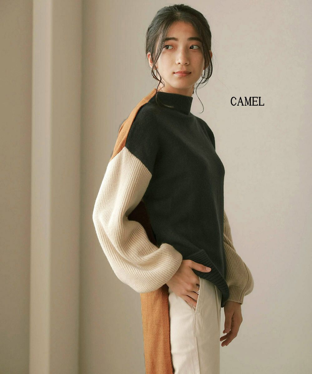 日本 Bou Jeloud - 撞色拼接前短後長立領針織毛衣-黑杏焦糖