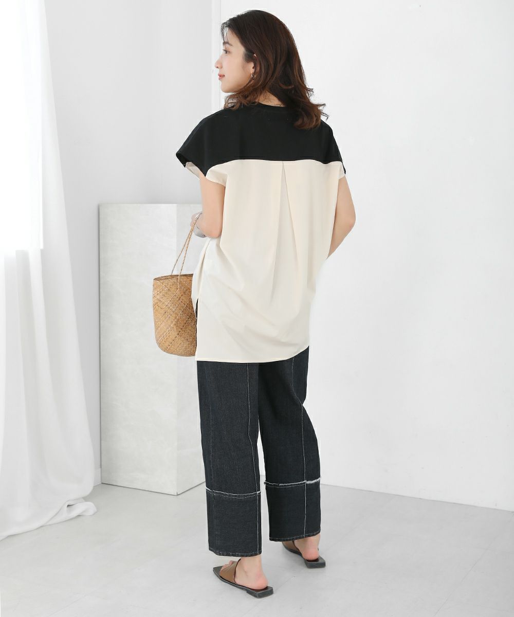 日本 Bab - 撞色拼接抽繩法式袖上衣-白