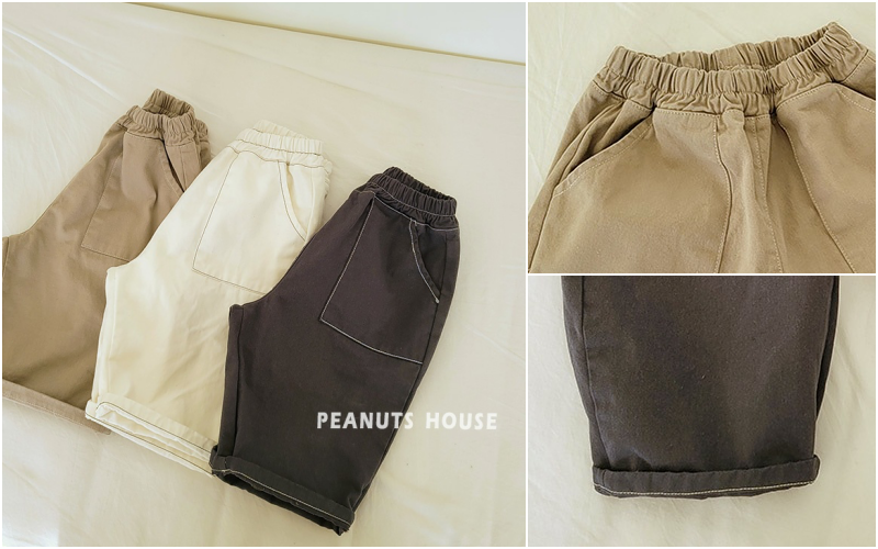 韓國 Peanuts House - 鬆緊腰縫線大口袋棉7分褲-卡其