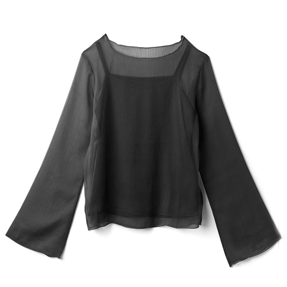 日本 GRL - 透膚兩件式楊柳寬袖上衣-時尚黑