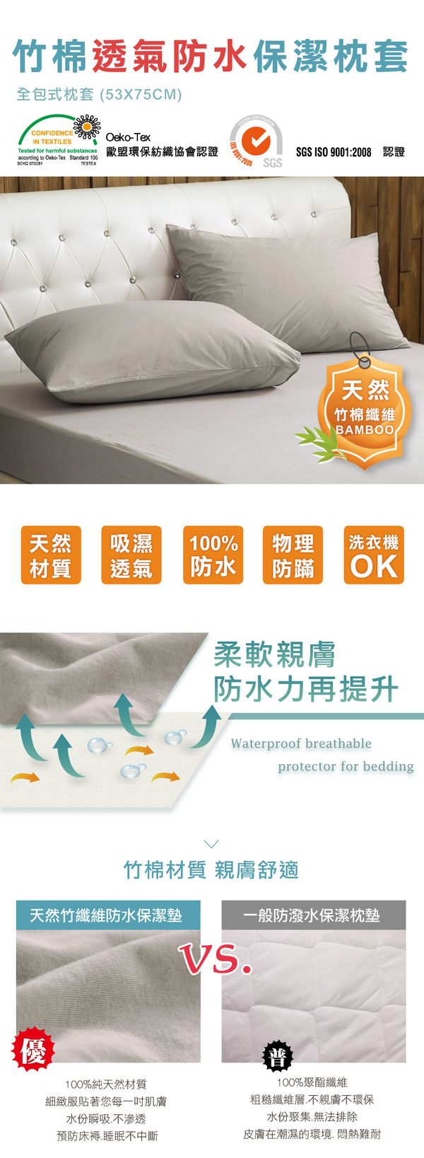 鴻宇 HongYew - 竹棉針織防螨防水枕頭套-灰 (53X75公分)