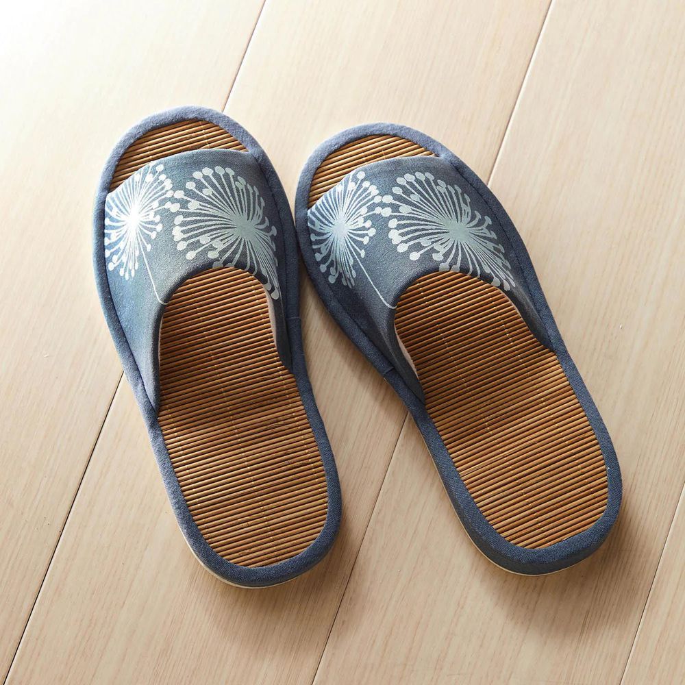 日本千趣會 - 涼爽棉麻竹編室內拖鞋-花朵-藍灰