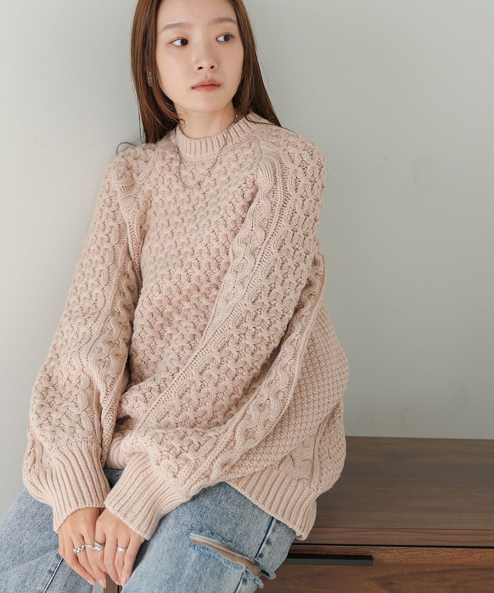 日本 Bab - 麻花編織大寬袖針織上衣-炭灰