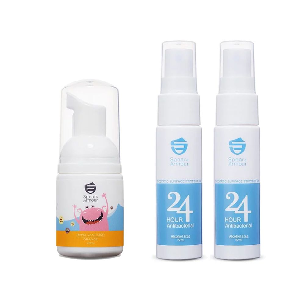 美國思必兒 Spear&Armour - 抗菌防護三入組-24小時表面防護噴劑 22ml*2+長效乾洗手慕斯怪獸版-柑橘 20ml