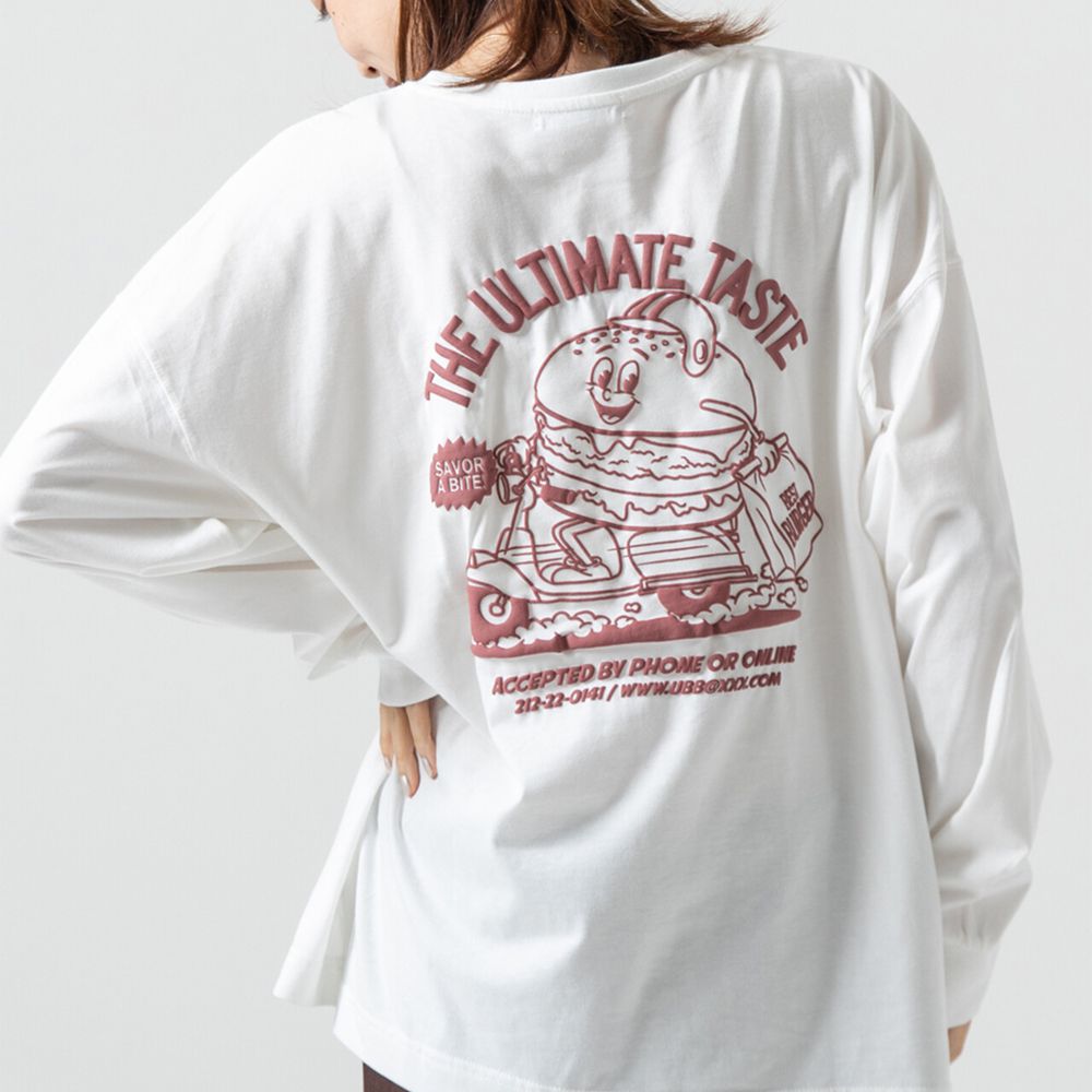 俏皮美式漢堡泡棉印花長袖T恤-白x粉紅