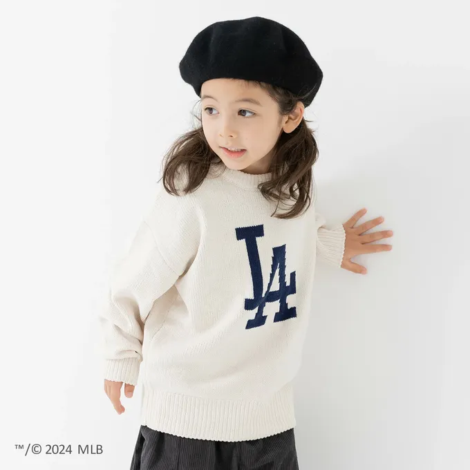 日本 Chil2 - MLB聯名 柔軟針織LOGO長袖上衣-洛杉磯道奇-白杏