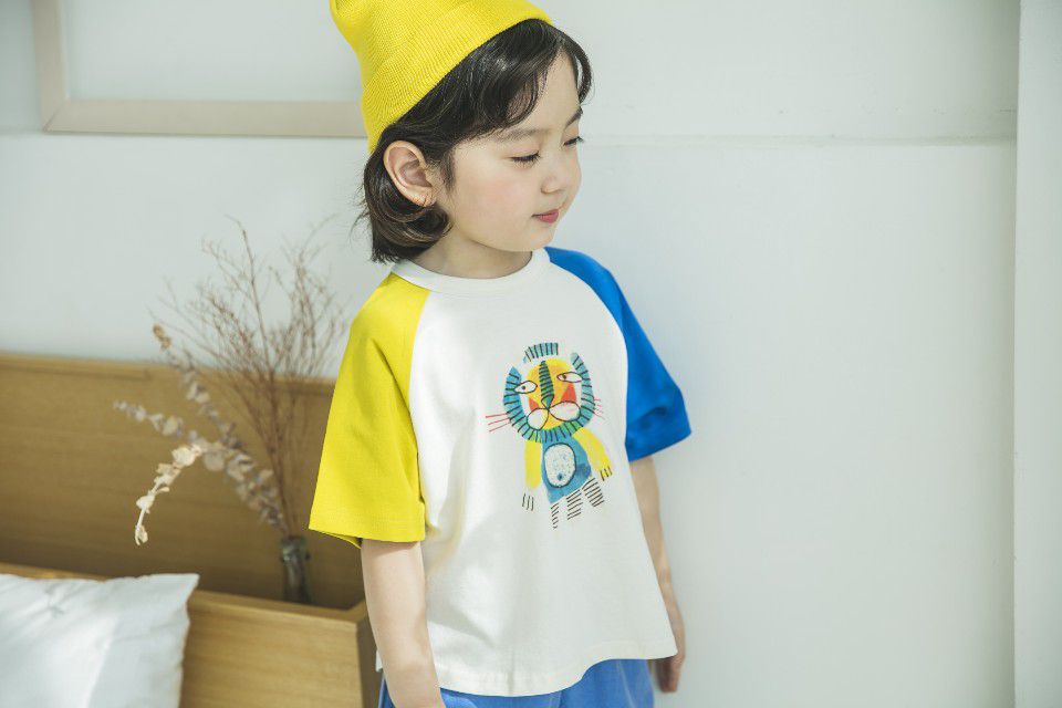 韓國 Mimico - 拼接色滑稽獅子T-藍