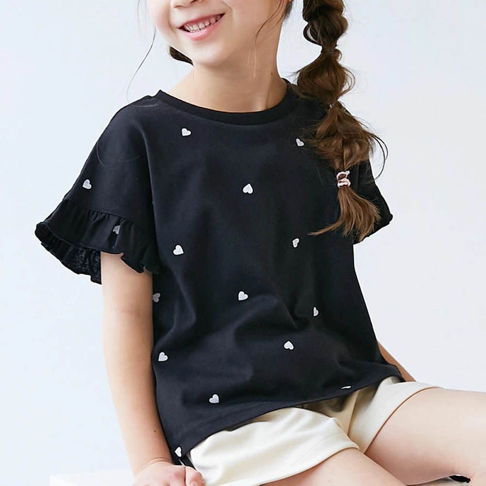 愛心印花荷葉邊短袖上衣-黑