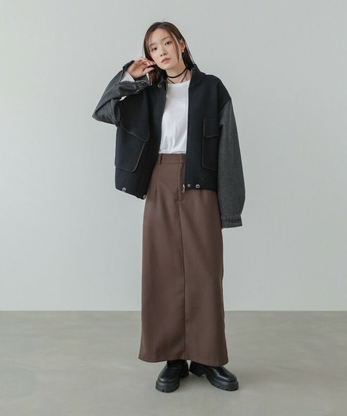 日本 Bab - 俐落簡潔丹寧袖拼接夾克/外套-棕系