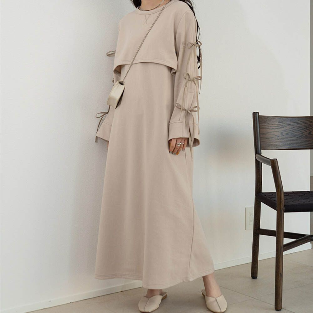袖蝴蝶結層次感喇叭袖洋裝-淺棕 (M)