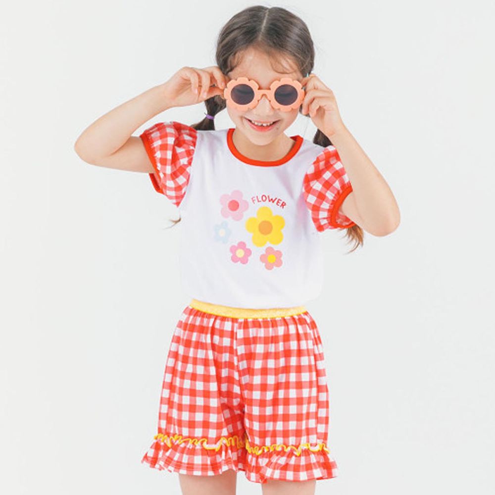 韓國 OZKIZ - 五色花花格子泡泡袖套裝