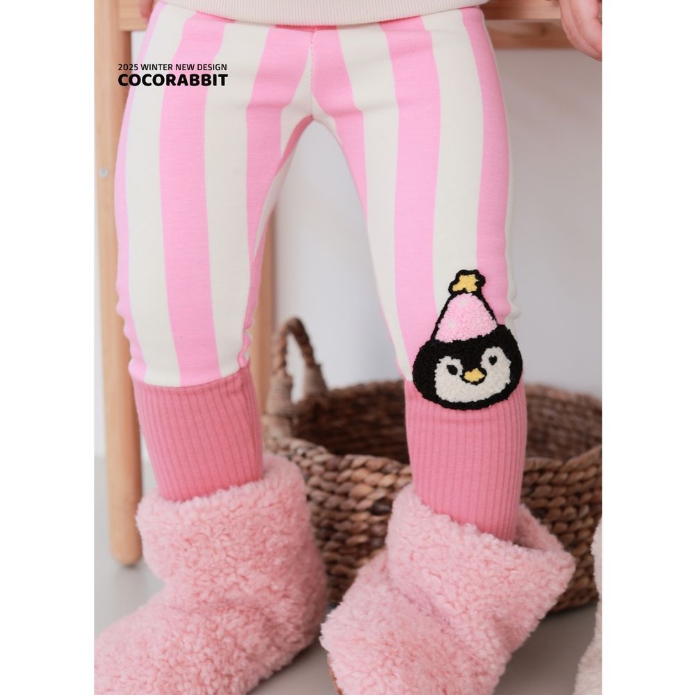 Coco rabbit 鬆緊腰直紋拼色彈力褲-毛絨企鵝-粉