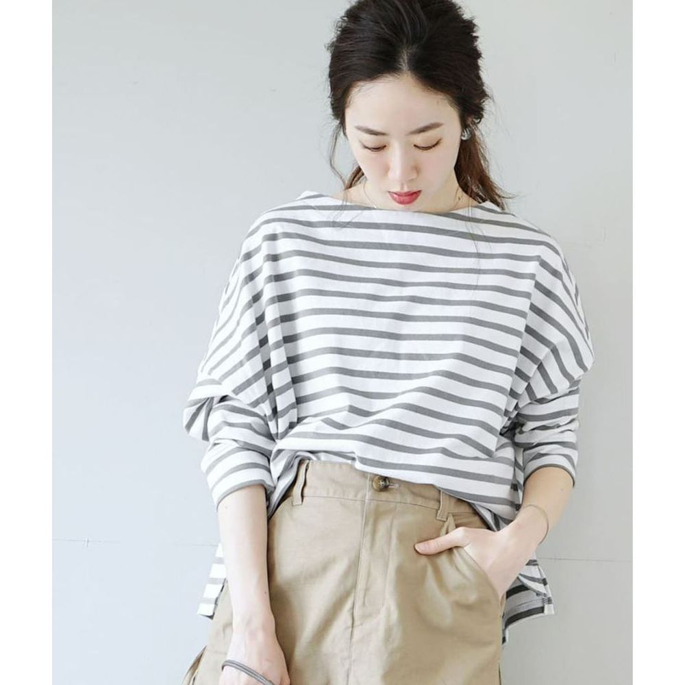 日本 zootie - [撥水/撥油加工] 抗油污耐洗純棉長袖上衣-條紋-灰白