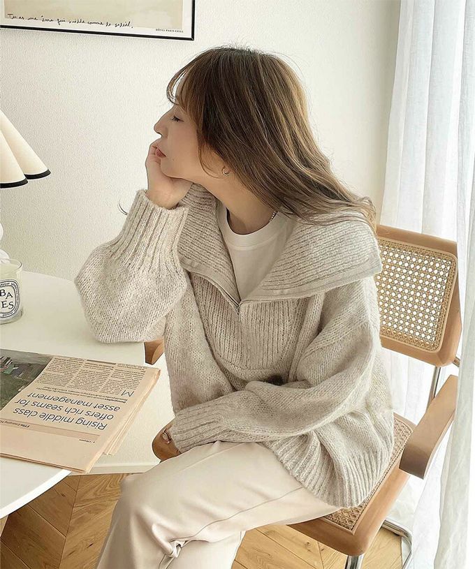 日本 Classical Elf - Java 半拉鏈率性寬鬆素面毛衣-藍