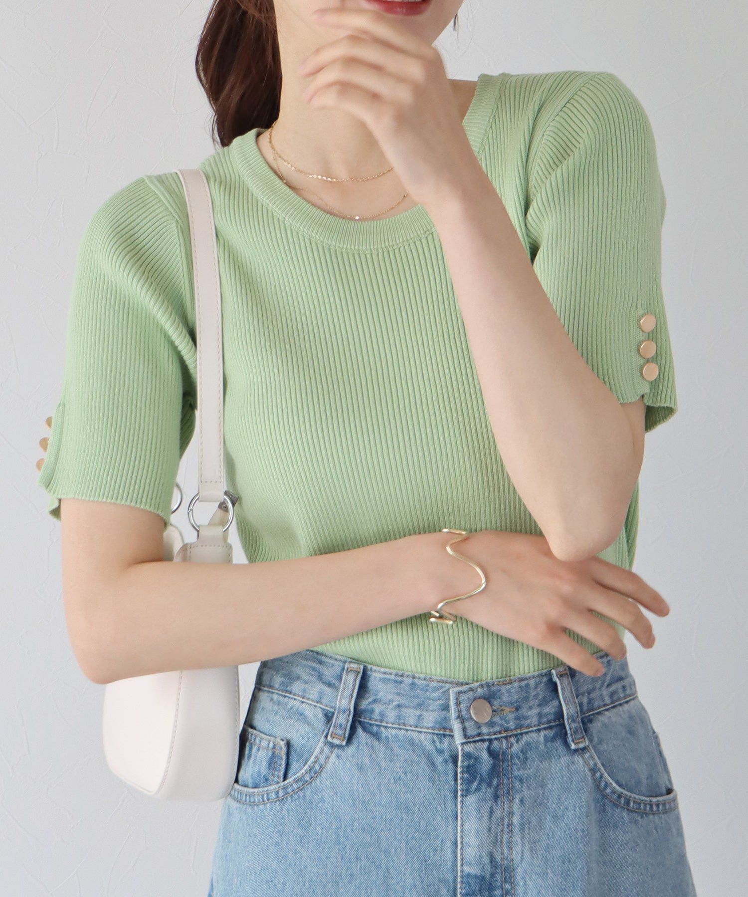 日本 BLUE EAST - 圓領金釦羅紋短袖上衣-白